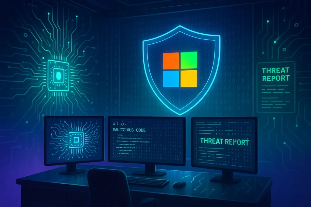 Illustration of Microsoft’s Project Ire AI analyzing malicious code to detect and block malware.