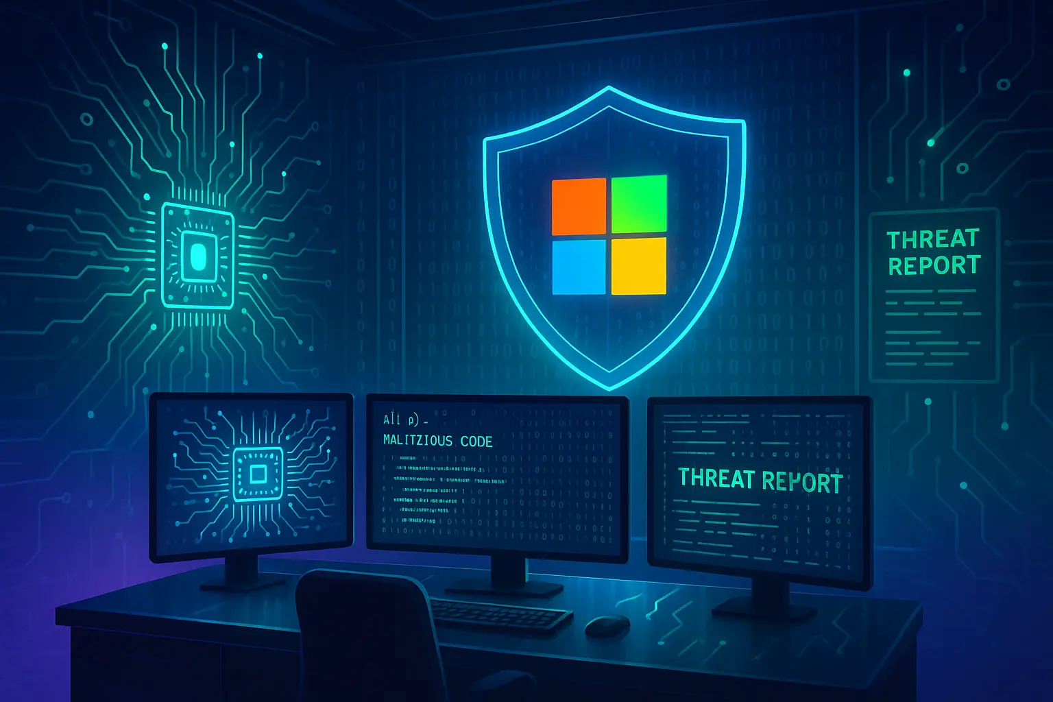 Illustration of Microsoft’s Project Ire AI analyzing malicious code to detect and block malware.