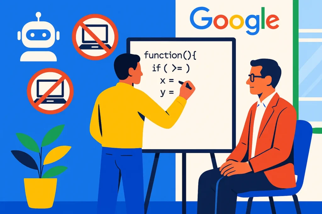 Illustration of Google candidate at a whiteboard coding interview, highlighting return of in-person interviews to reduce AI cheating.