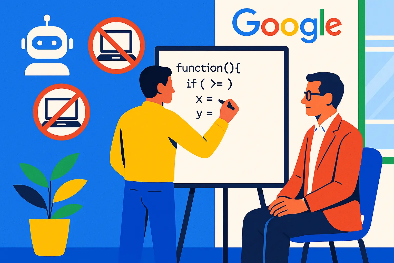 Illustration of Google candidate at a whiteboard coding interview, highlighting return of in-person interviews to reduce AI cheating.