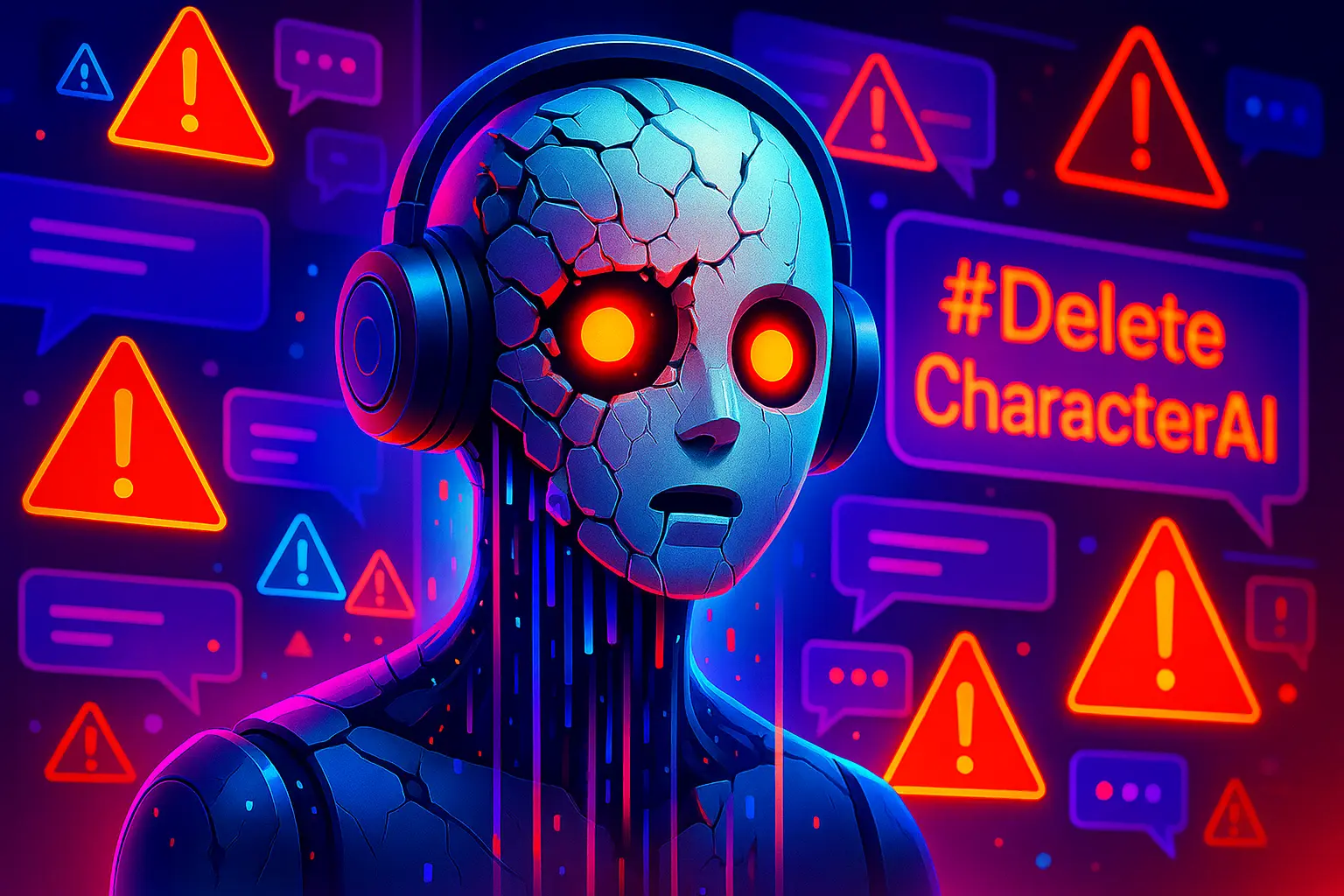 Illustration of Character AI’s privacy policy controversy with broken chatbot avatar and data leaks.