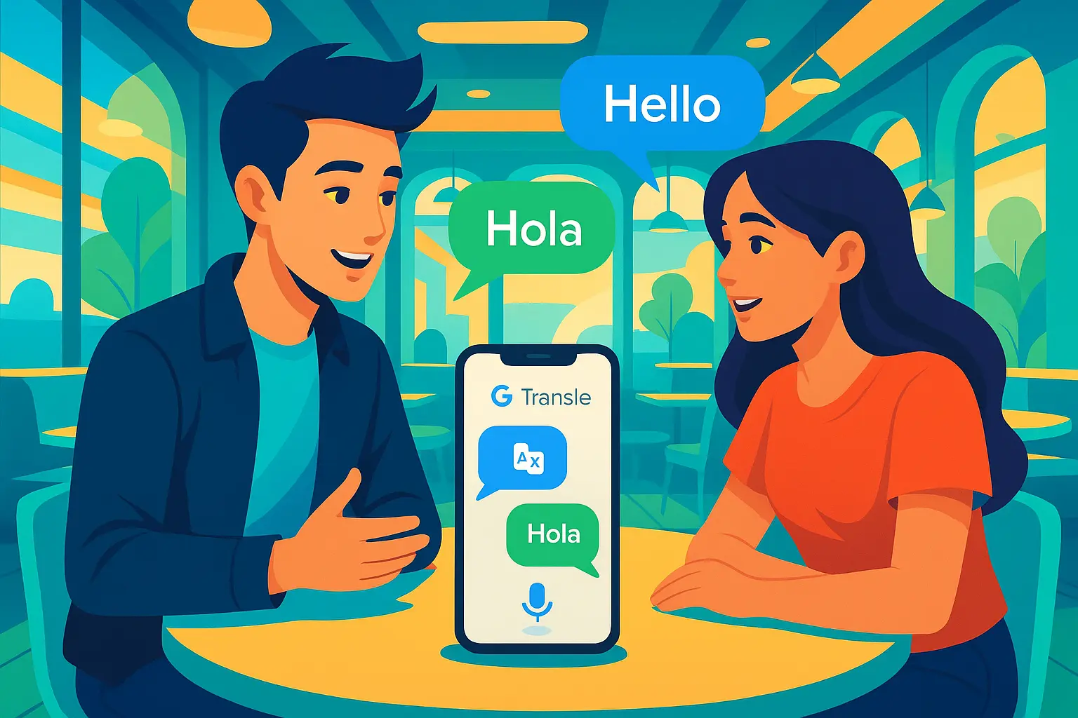 Two people using Google Translate AI to practice and chat across languages in real time.