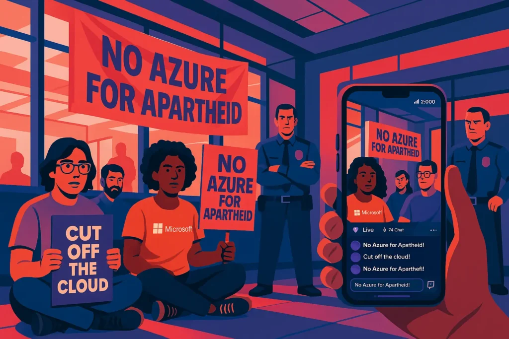 Activists and employees stage a sit-in protest at Microsoft headquarters with banners reading “No Azure for Apartheid.”