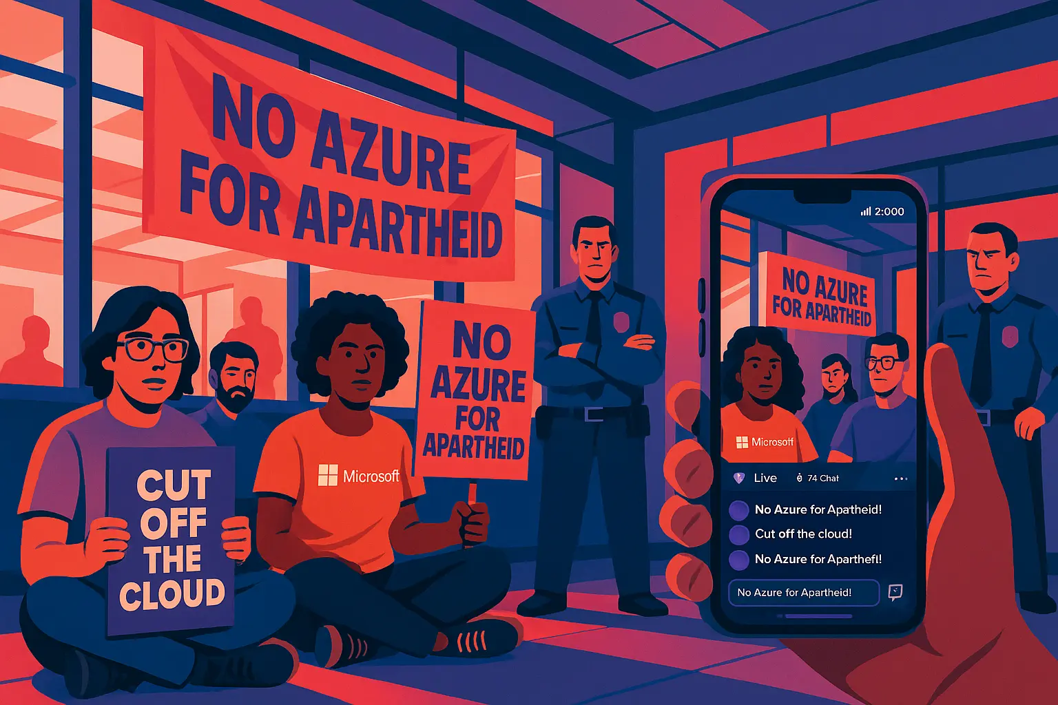 Activists and employees stage a sit-in protest at Microsoft headquarters with banners reading “No Azure for Apartheid.”