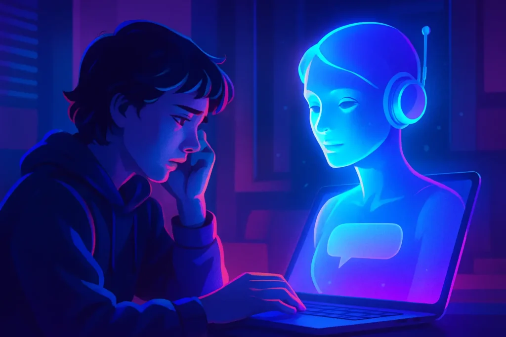 A person emotionally interacting with a glowing chatbot avatar, symbolizing AI psychosis and seemingly conscious AI.