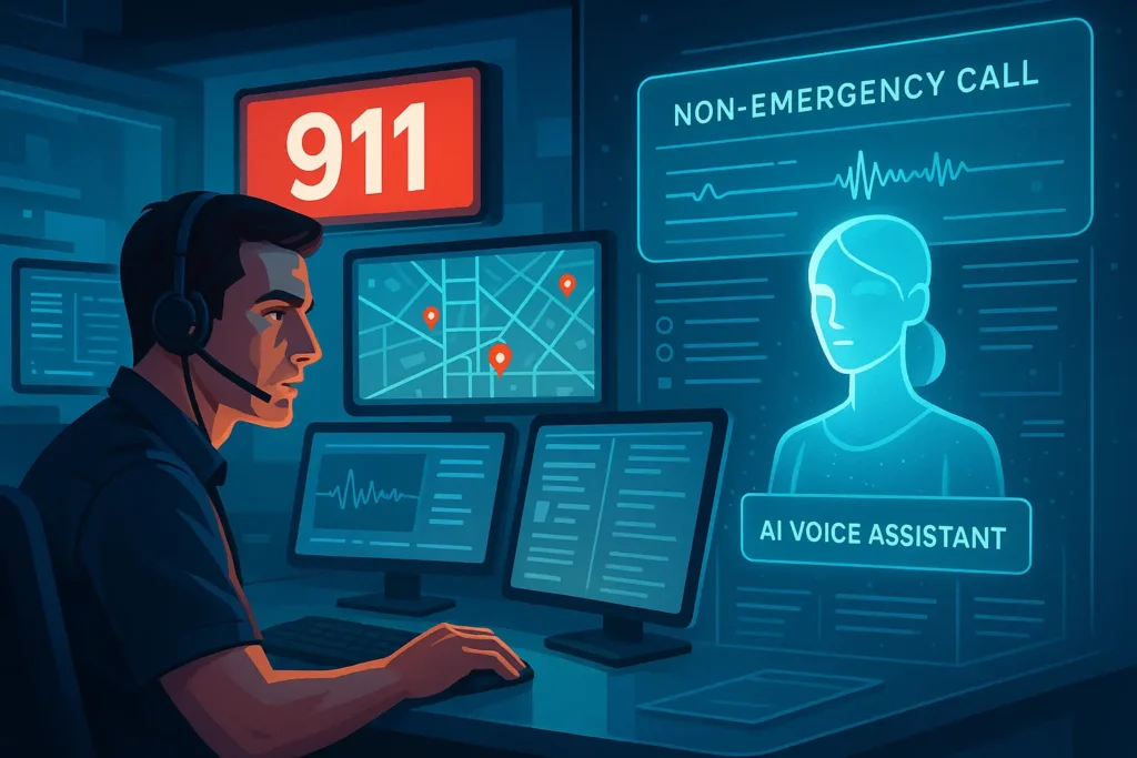 Digital illustration of a human dispatcher and AI voice assistant handling 911 calls.