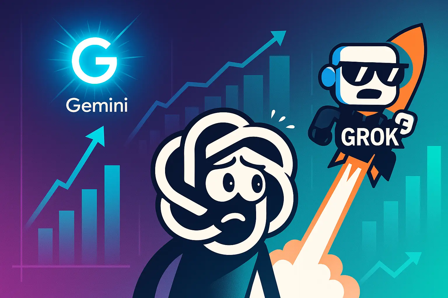 Illustration of ChatGPT being rivaled by Gemini and Grok with rising usage charts.
