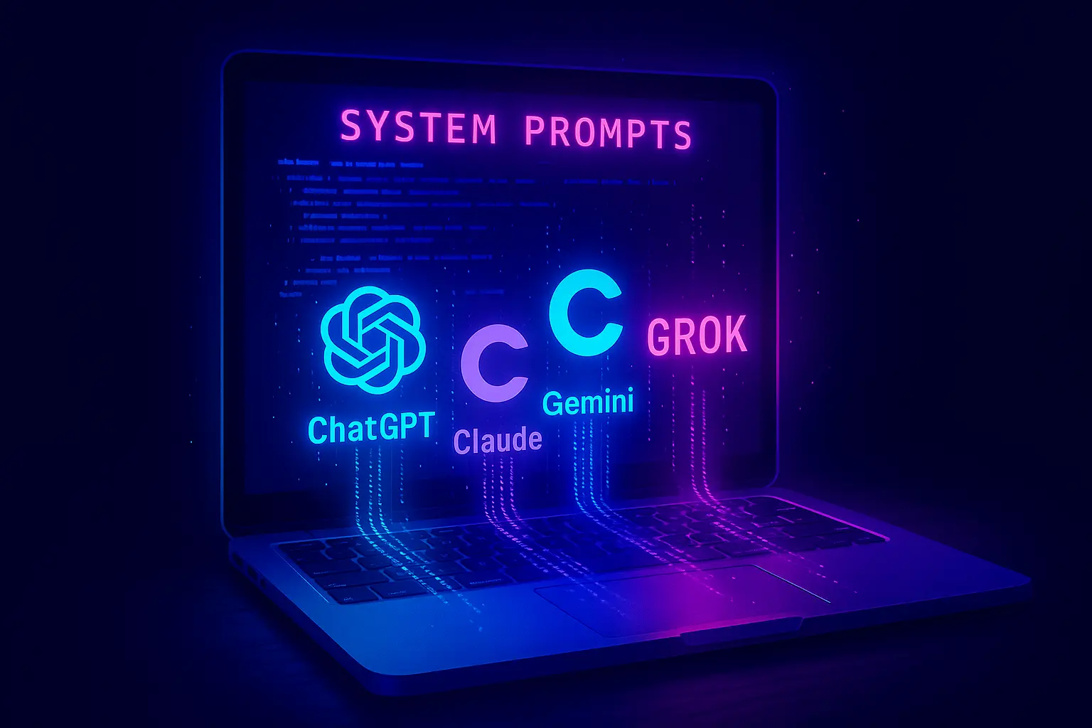Glowing laptop screen showing leaked AI system prompts for ChatGPT, Claude, Gemini, and Grok.