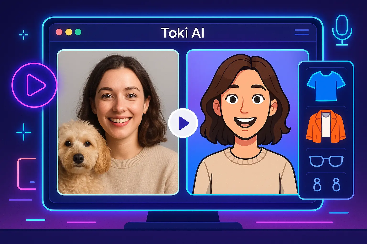 Screenshot-style illustration showing Toki AI turning a photo into a talking avatar video