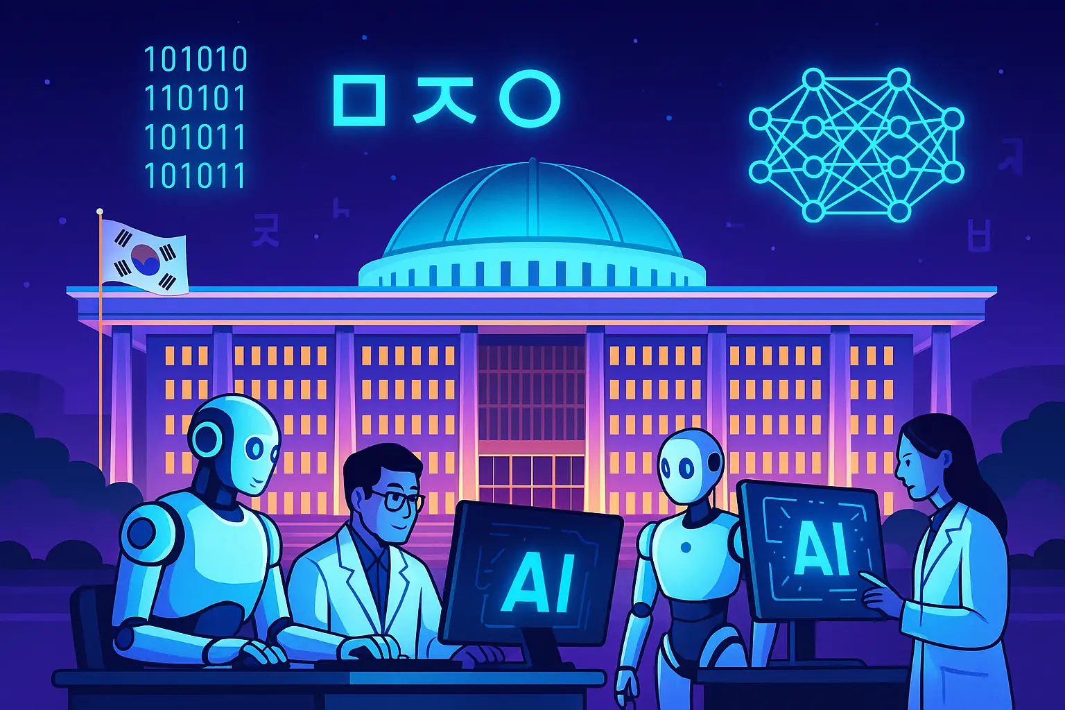 Futuristic digital illustration of South Korea’s AI investment plan with parliament building and AI holograms
