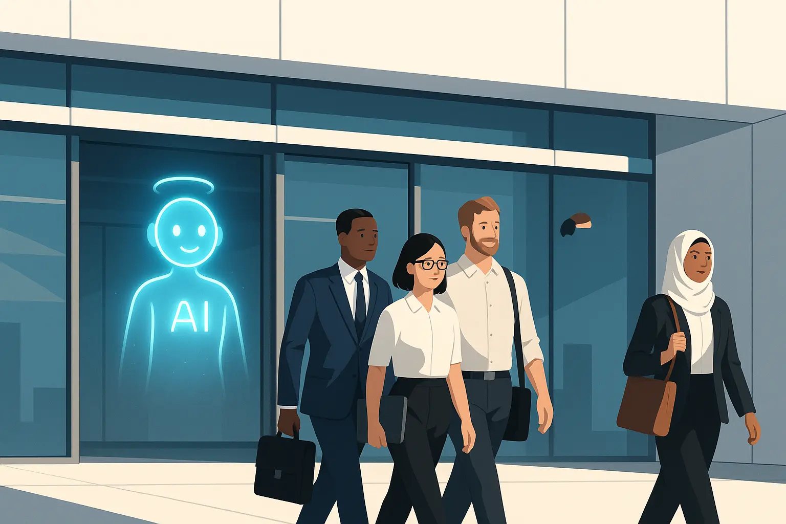 Professionals walking out of a modern office as an AI hologram watches