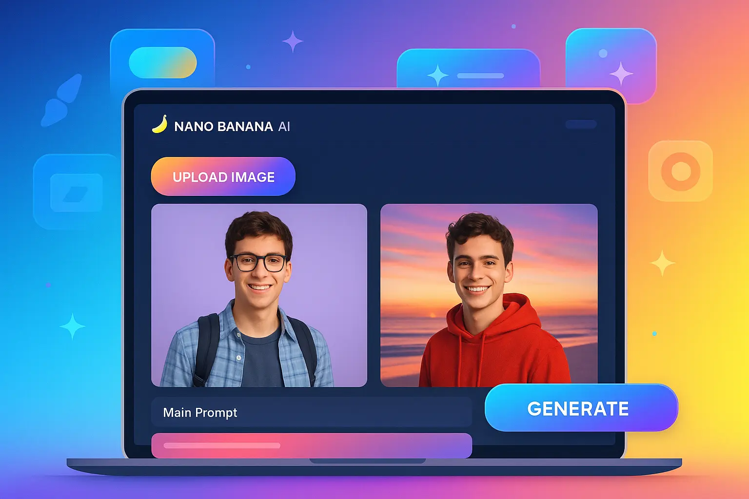 Laptop screen showing Nano Banana AI image editor with before-and-after photo edit