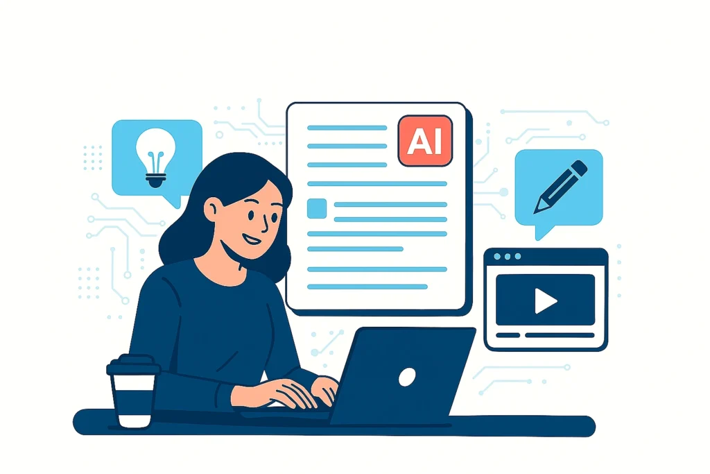 Illustration showing top AI writing tools in 2025 like ChatGPT, Claude, Jasper, and KoalaWriter, surrounded by icons of blogs, SEO charts, and marketing content