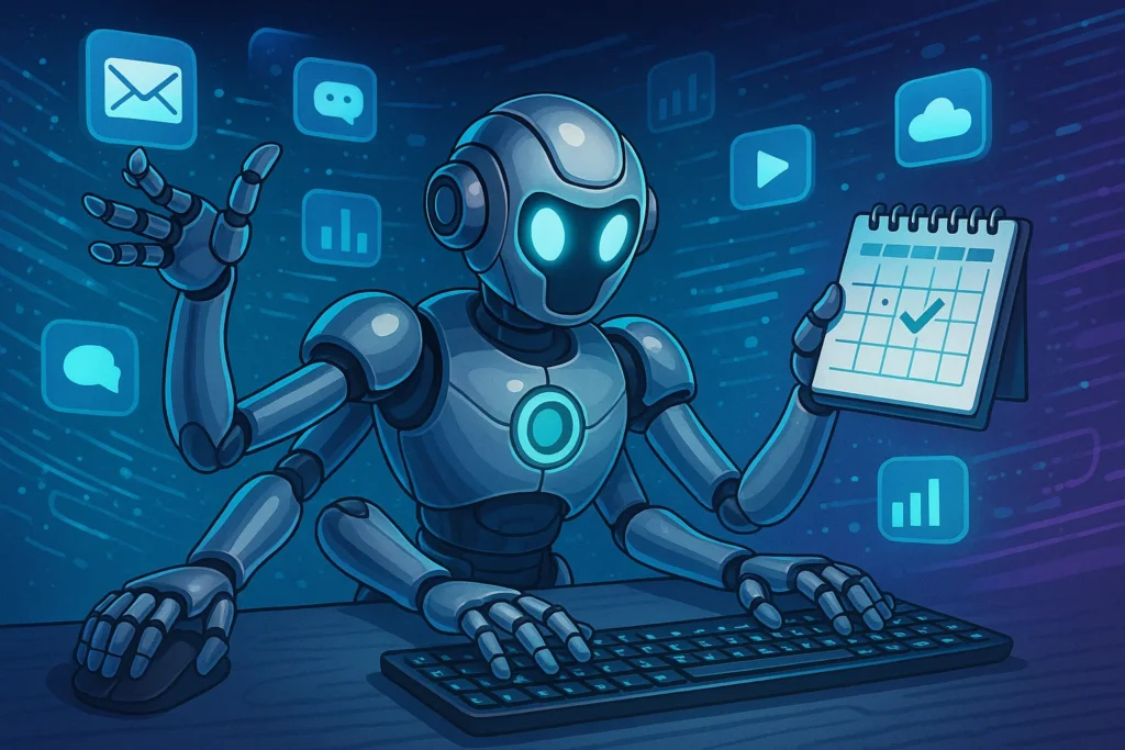 Illustration of a multitasking robot performing tasks like typing, clicking and scheduling, symbolising AI agents executing various actions.