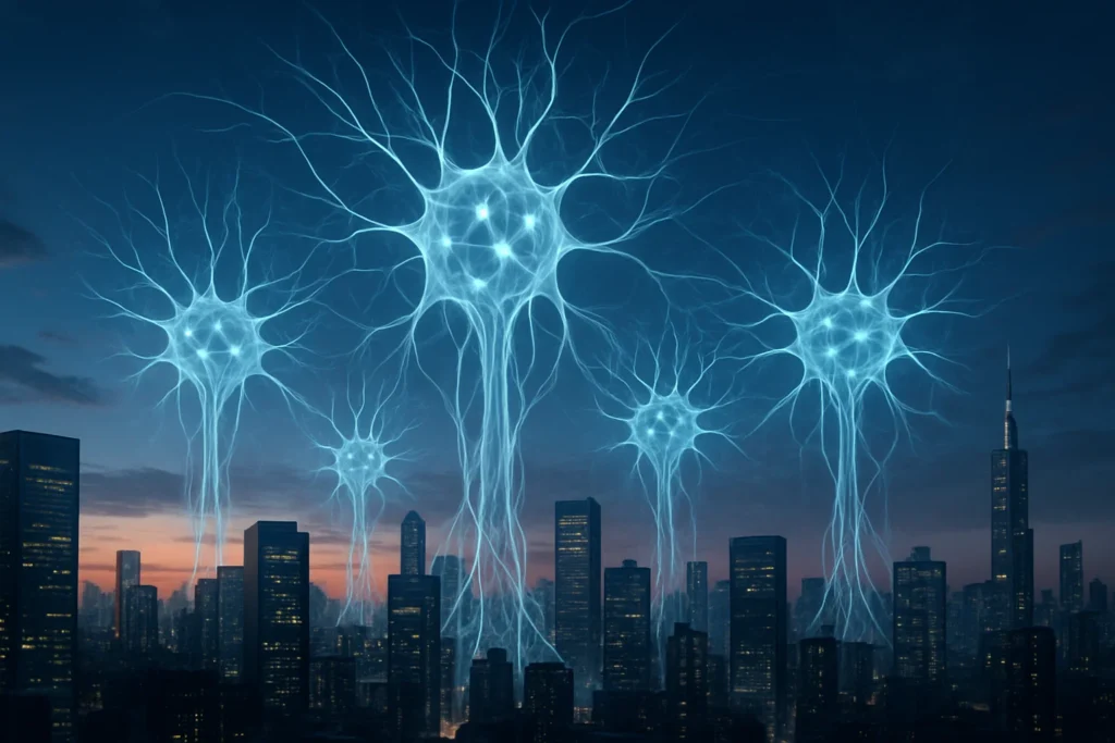 Conceptual illustration of a city with towering neural network structures, symbolising the impending launch of GPT‑5 and its impact on society.