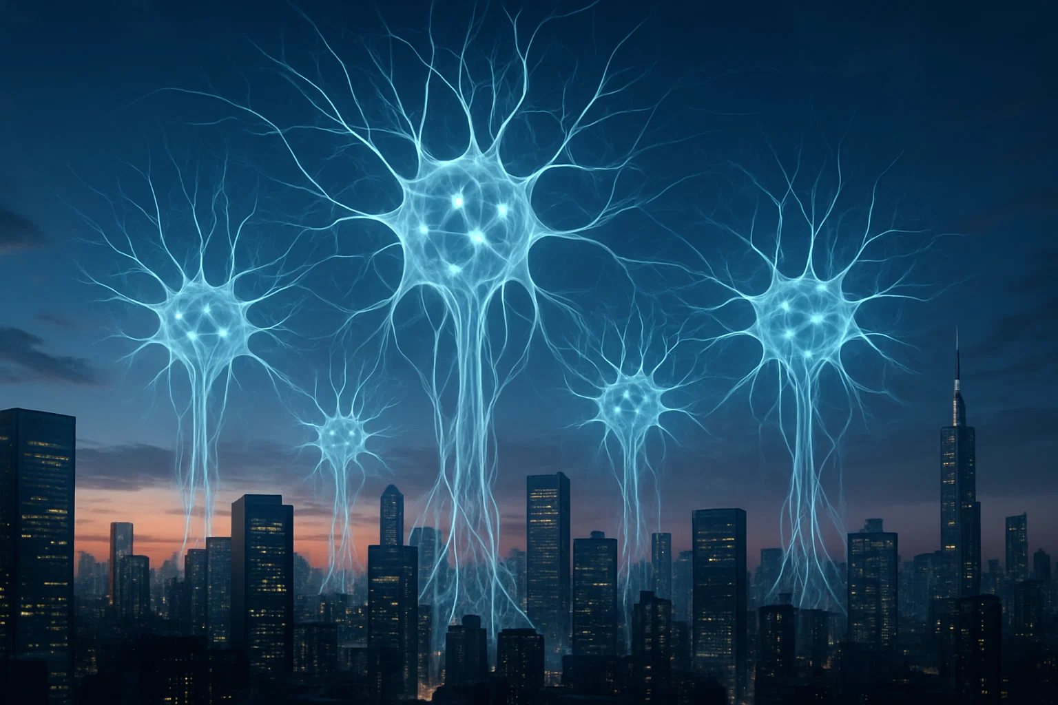 Conceptual illustration of a city with towering neural network structures, symbolising the impending launch of GPT‑5 and its impact on society.