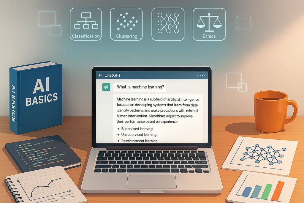 Study desk with ChatGPT teaching machine learning, featuring books, code, and AI topic icons.