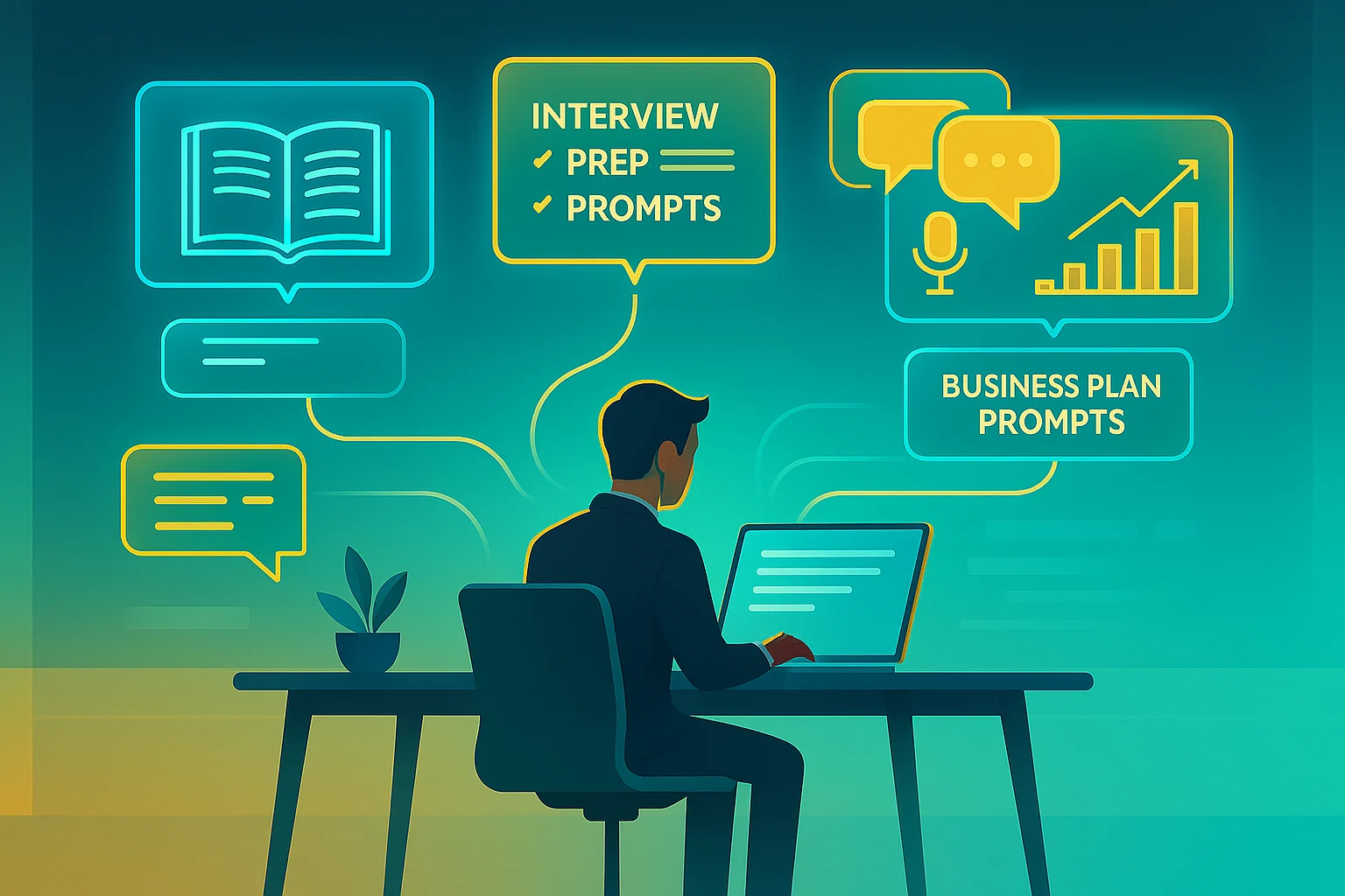 Professional using ChatGPT prompts for assignments, resumes, interviews, and business planning