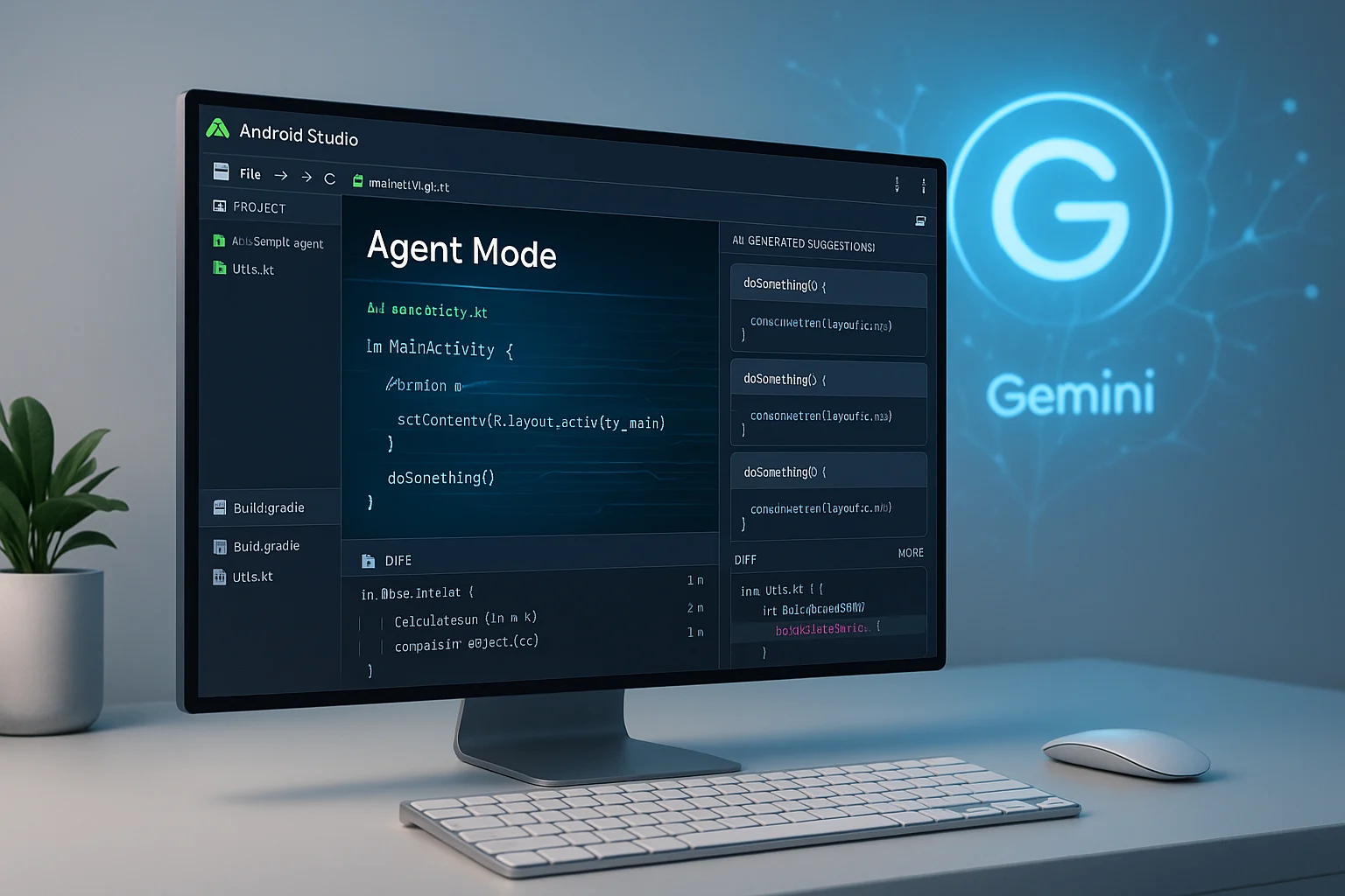 AI-powered Agent Mode in Android Studio showing multi-file edits, Gemini 2.5 Pro integration, and a visual interface for pair-programming.