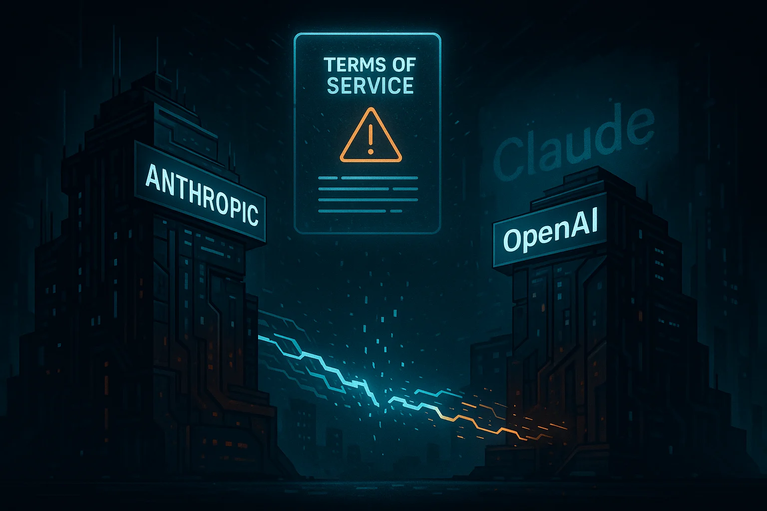 Visual representation of the dispute between OpenAI and Anthropic, highlighting the revoked Claude API access and underlying terms-of-service issues.