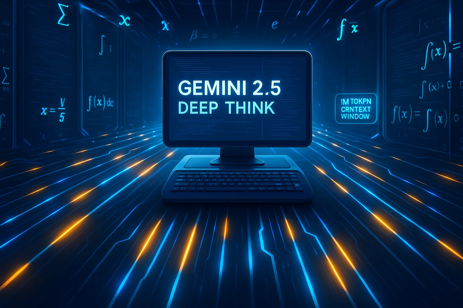 Futuristic AI lab showcasing Gemini 2.5 Deep Think with parallel agents, code flow, and digital interface.