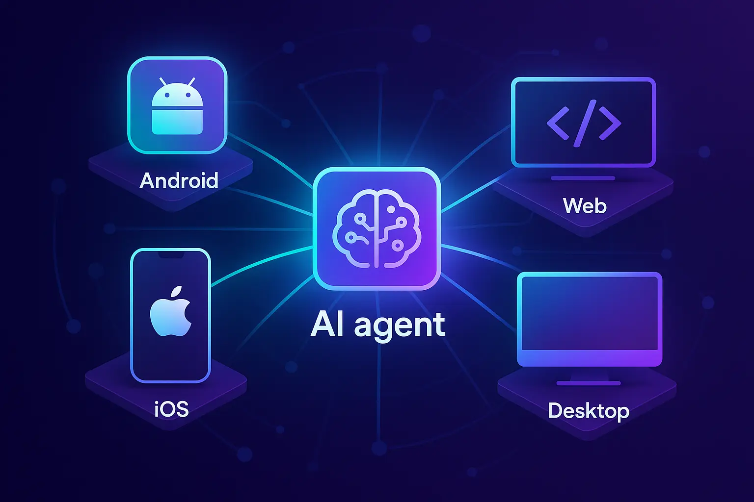 Illustration of Koog AI framework showing Kotlin-based AI agents running on Android, iOS, web, and desktop platforms