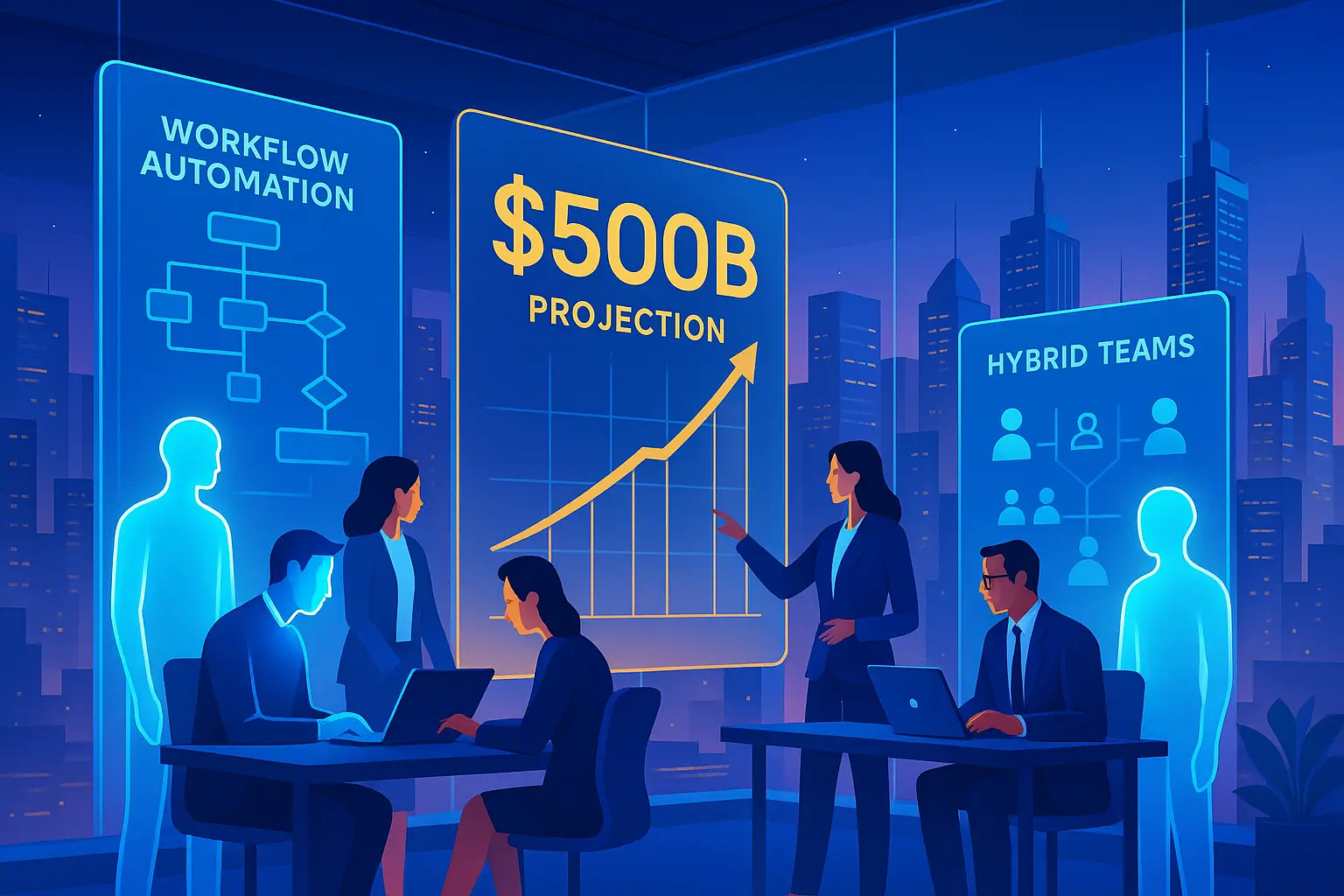 Illustration of hybrid human and AI agents collaborating in a futuristic business office with financial projections