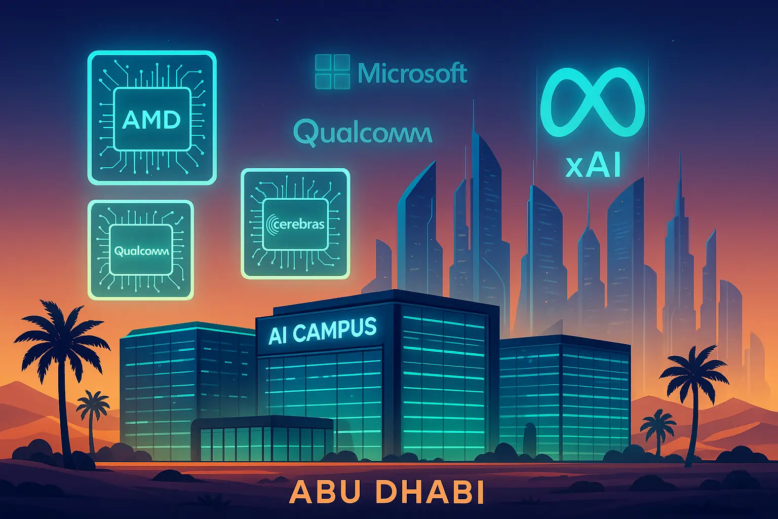 Futuristic digital illustration of Abu Dhabi’s G42 AI campus with glowing data centers, AI chips, and tech company logos