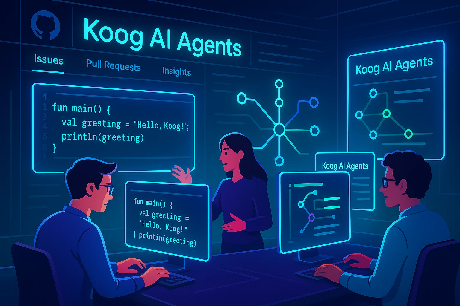 Futuristic illustration of Koog AI agents framework trending on GitHub with Kotlin-based workflows