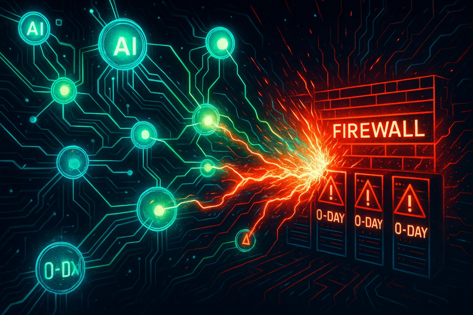 Futuristic swarm of AI nodes breaching firewalls to exploit zero-day vulnerabilities