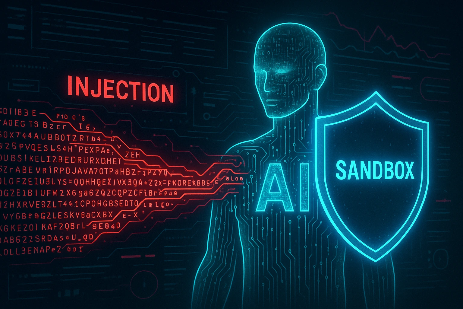 Futuristic visualization of AI prompt injection showing malicious text strings hijacking an AI agent before being blocked by sandbox security.