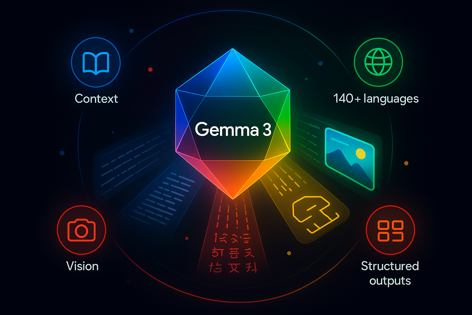 Gemma 3 open AI model visualizing 128K context, vision and multilingual support