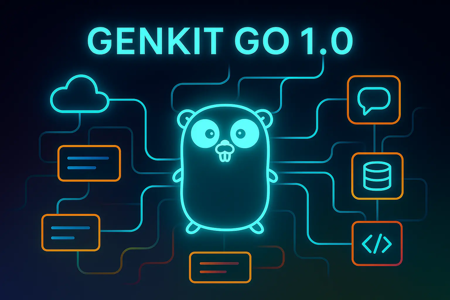 Genkit Go 1.0 AI framework illustration with Go gopher and pipelines