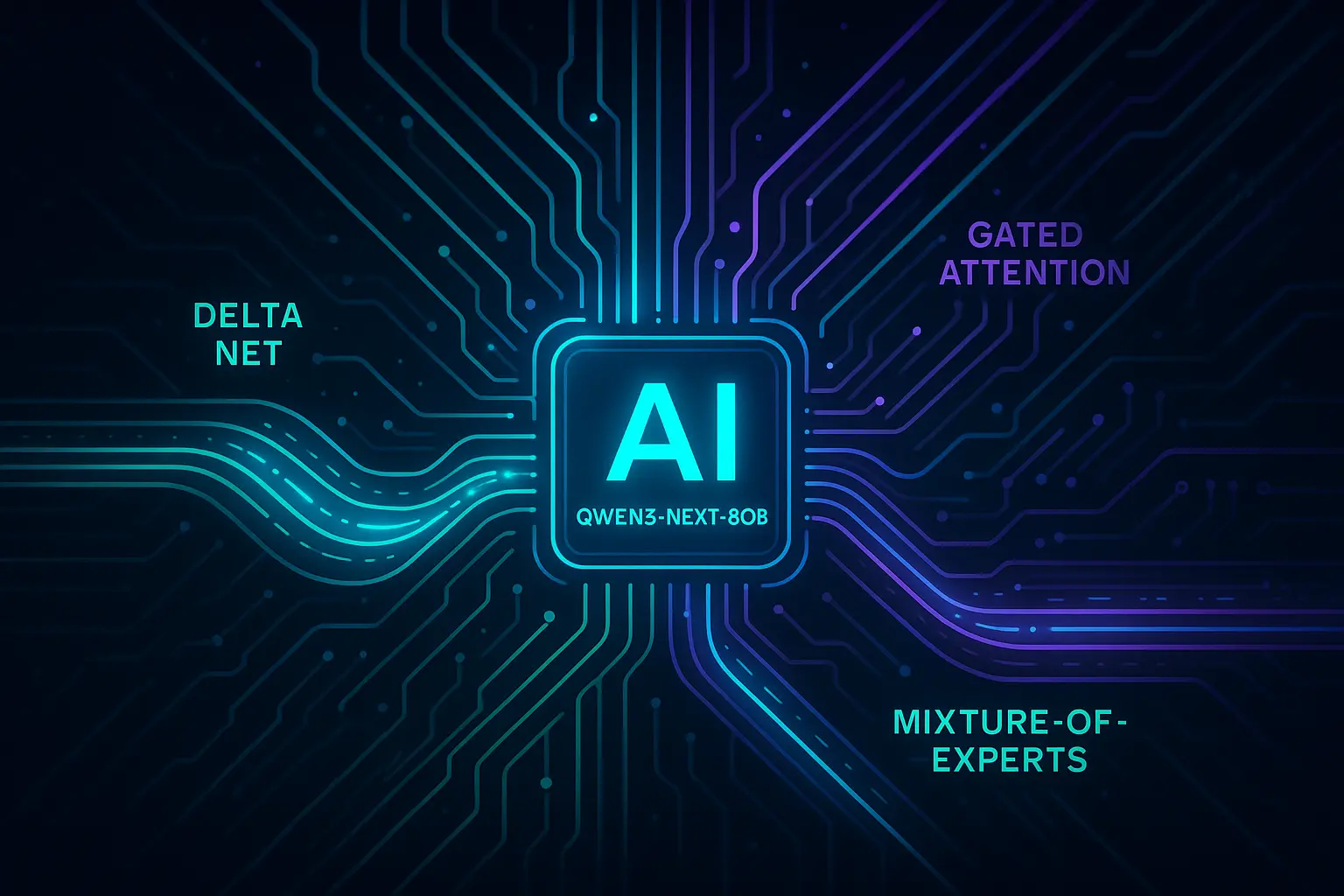 Futuristic illustration of Qwen3-Next-80B model with hybrid AI circuits