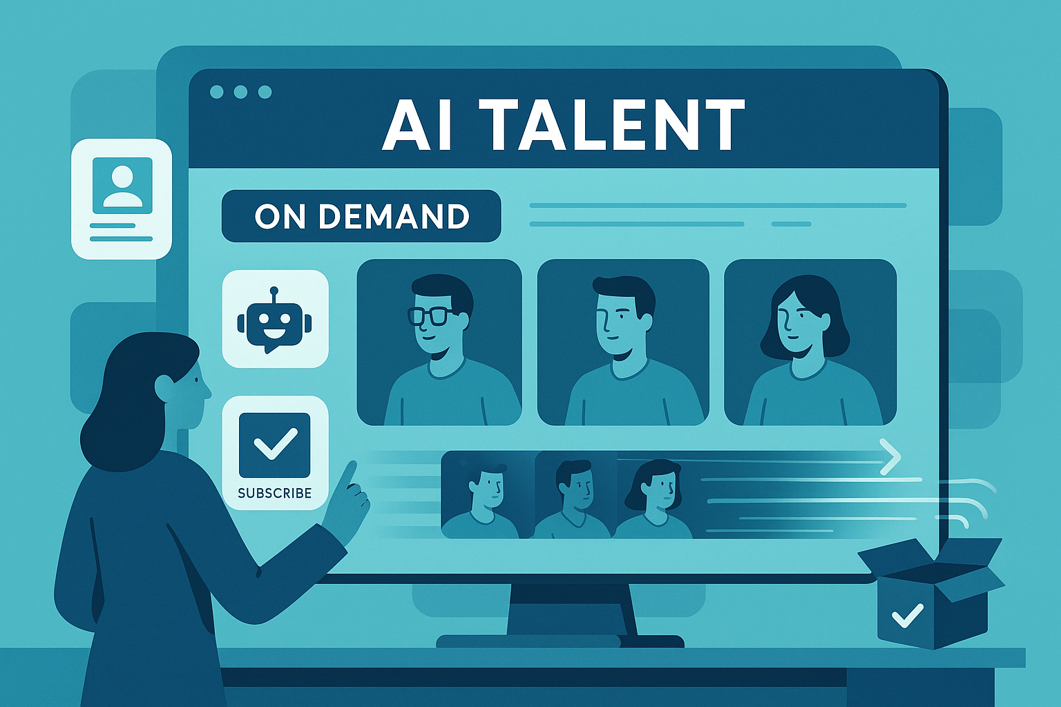 Futuristic illustration of AI Promptly Hired subscription staffing platform delivering engineers
