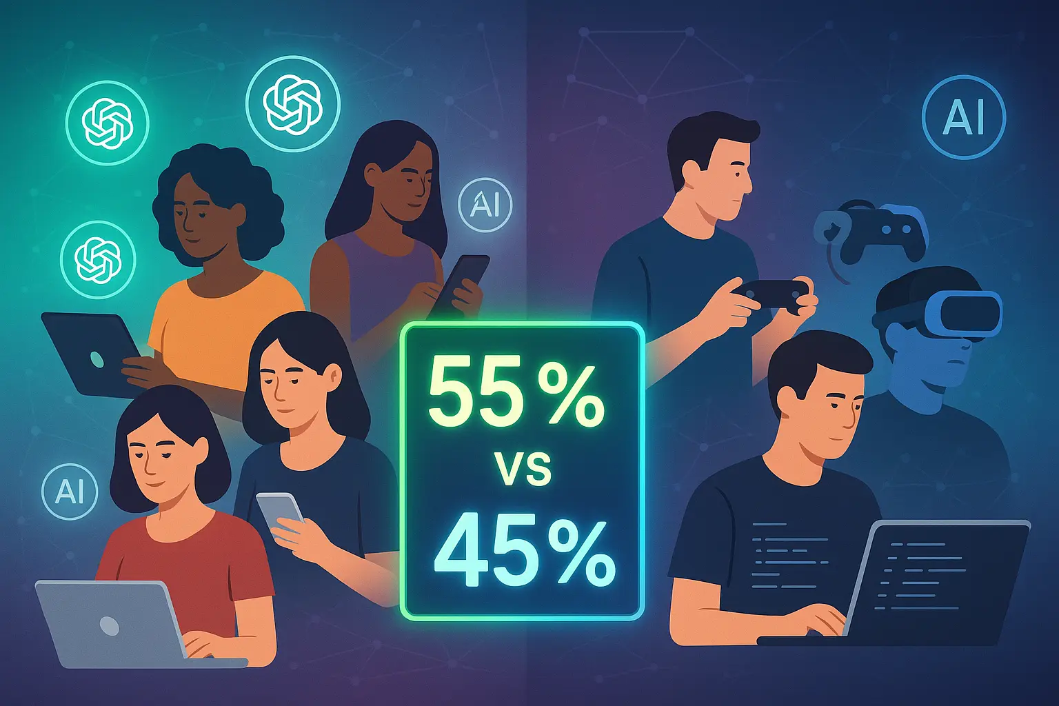 Infographic showing more women than men using ChatGPT, with diverse female users highlighted alongside usage differences in coding, gaming, and daily tasks.