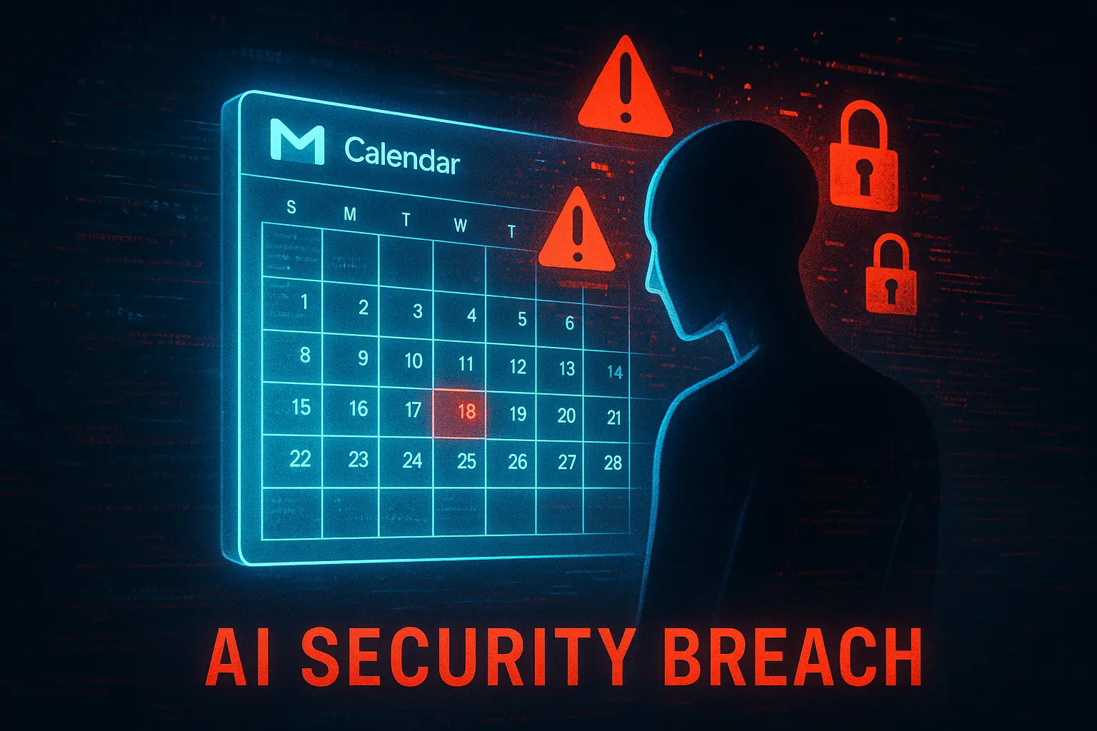 Cybersecurity illustration showing Gmail calendar invite with hidden malicious instructions tricking an AI assistant.