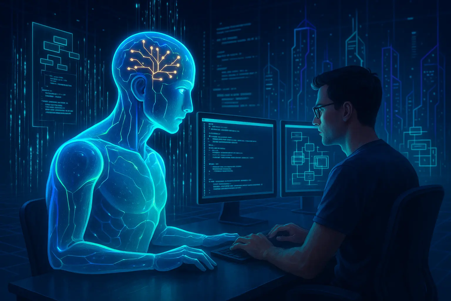AI-powered coding assistant GPT-5 Codex collaborating with a developer in a futuristic holographic coding environment.