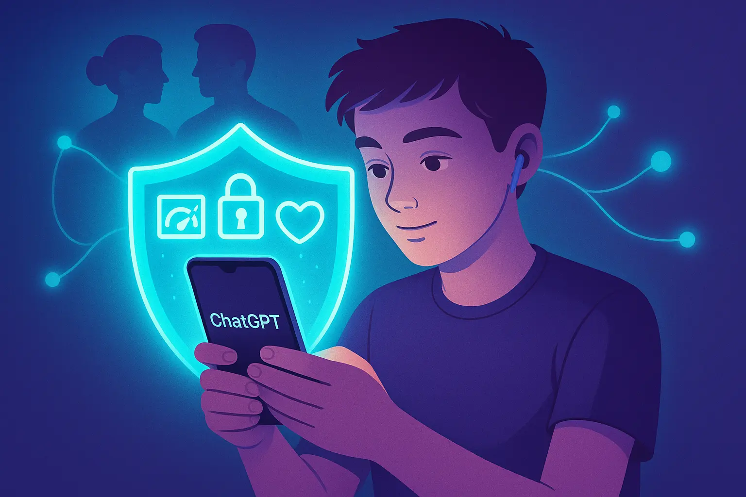 Illustration of OpenAI teen safety features with parental controls and age-prediction safeguards protecting young ChatGPT users.