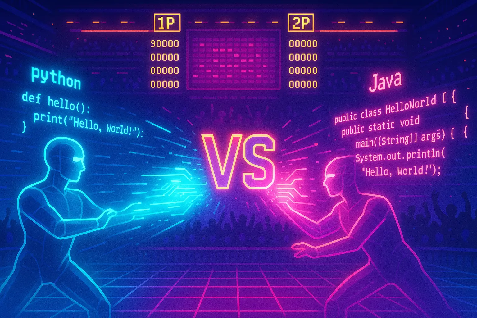 Retro-futuristic illustration of AI coding models battling in HackerRank’s Model Kombat arena with glowing code and developer votes.