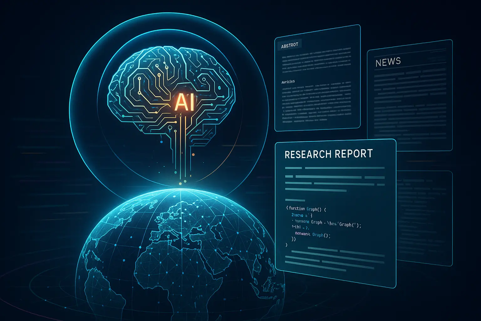 Illustration of Alibaba’s Tongyi DeepResearch AI agent synthesizing information from web sources with an open-source architecture.