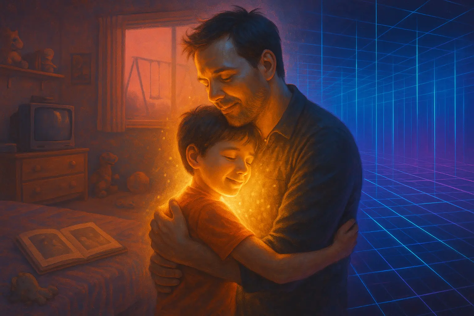 An adult embraces their younger child self in a glowing, futuristic scene where nostalgia blends with digital technology.