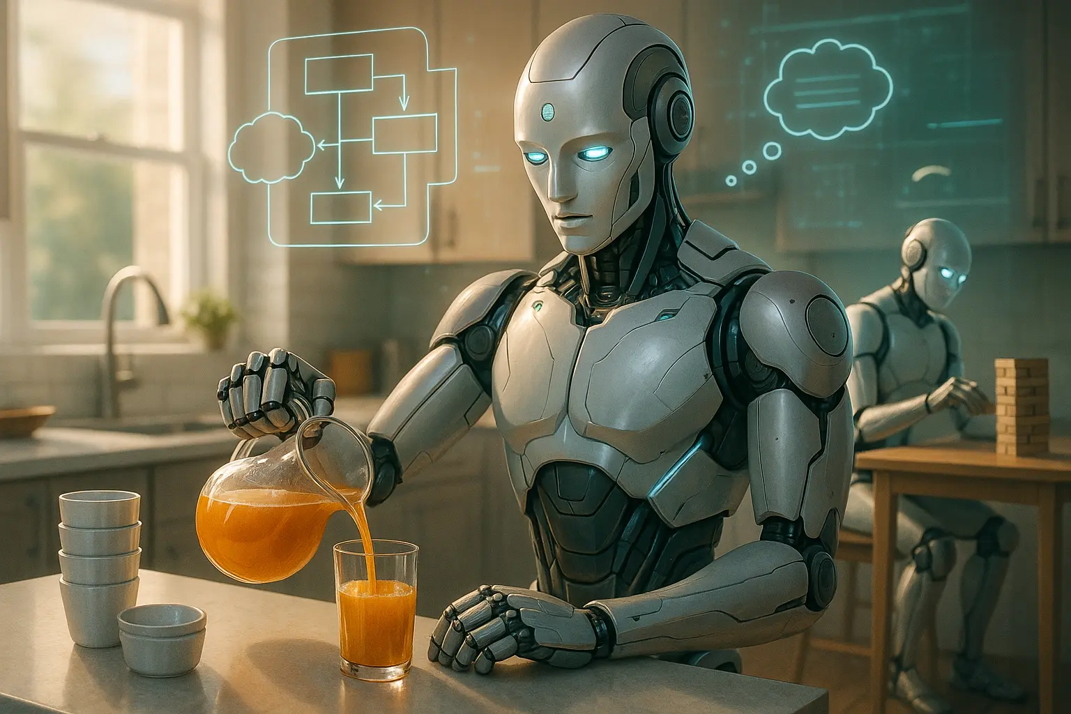 Humanoid robot in a kitchen pouring juice and stacking cups, with holographic planning overlays showing its reasoning process.