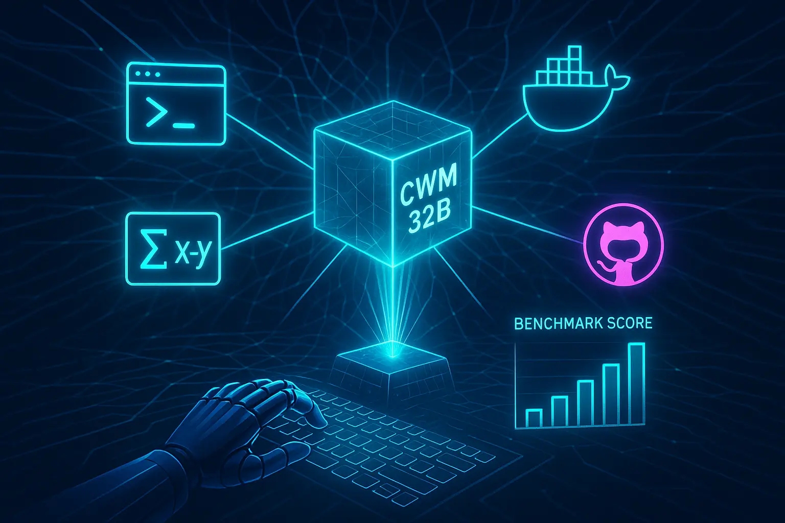 Glowing holographic neural network labeled CWM 32B connected to code windows, Docker containers, and GitHub icons, symbolizing Meta’s open-source code AI model.