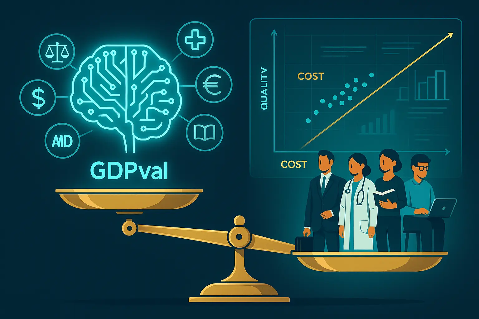 Futuristic digital balance scale showing AI brain labeled GDPval on one side and human professionals on the other, with charts illustrating cost vs. quality trade-offs.