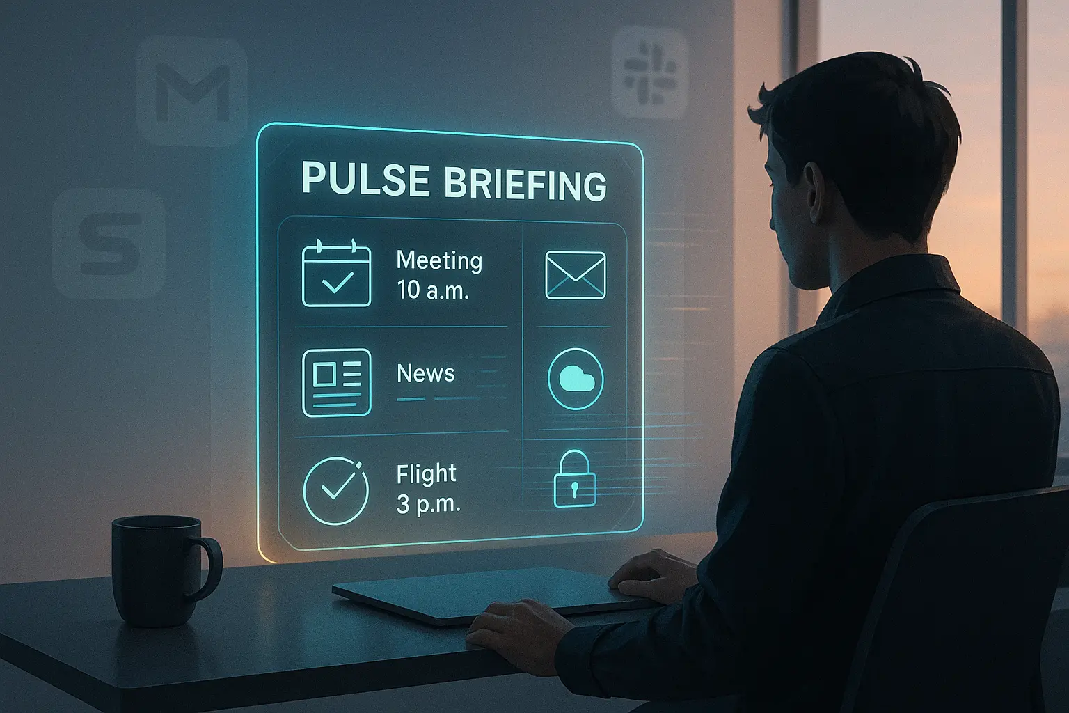 Professional reviewing a glowing holographic ChatGPT Pulse morning briefing with calendar, email, and news summaries at sunrise.