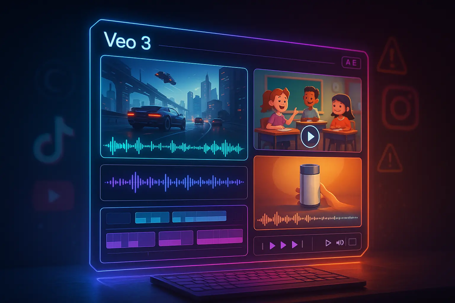 Holographic Veo 3 interface generating high-definition videos with synced audio, futuristic cityscapes, and animated characters, symbolizing Google’s global AI video tool rollout.