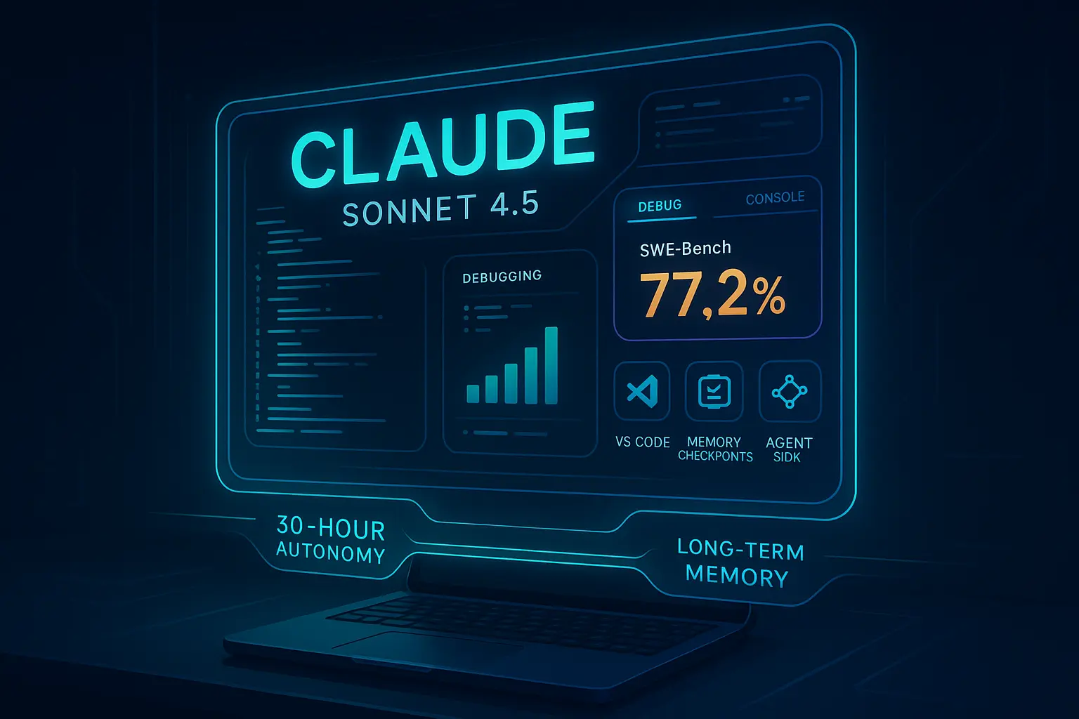 Developer’s laptop projecting a glowing Claude Sonnet 4.5 holographic interface with code, benchmarks, and memory tools, symbolizing advanced AI coding capabilities.