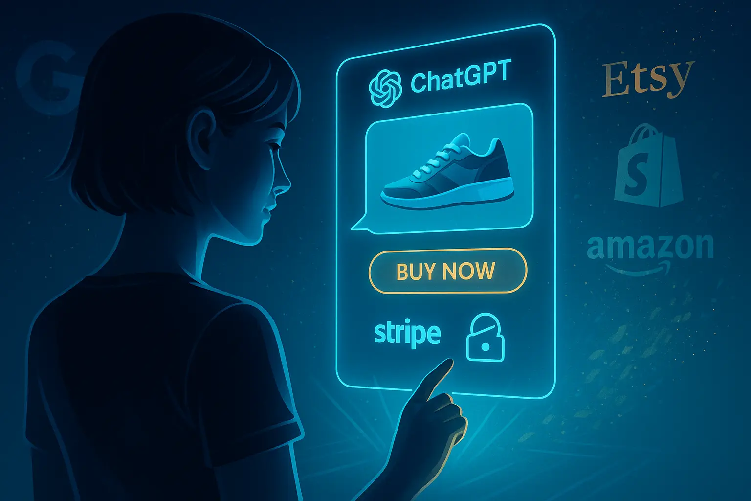 User chatting with ChatGPT holographic interface to instantly purchase products with one click, symbolizing AI-powered shopping disruption.