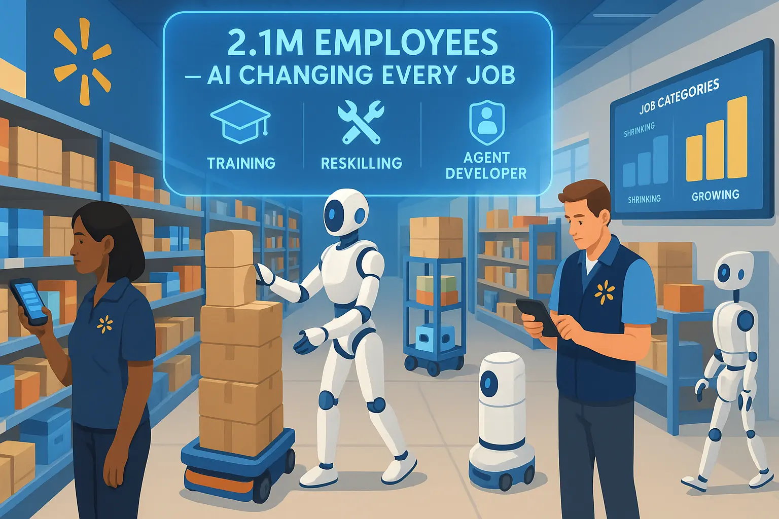 Warehouse scene with Walmart employees working alongside robots under a holographic display showing AI-driven job changes and training programs.